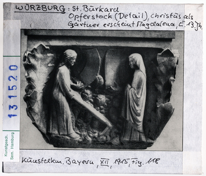 Vorschaubild Würzburg: St. Burkard, Opferstock, Detail, Christus als Gärtner 